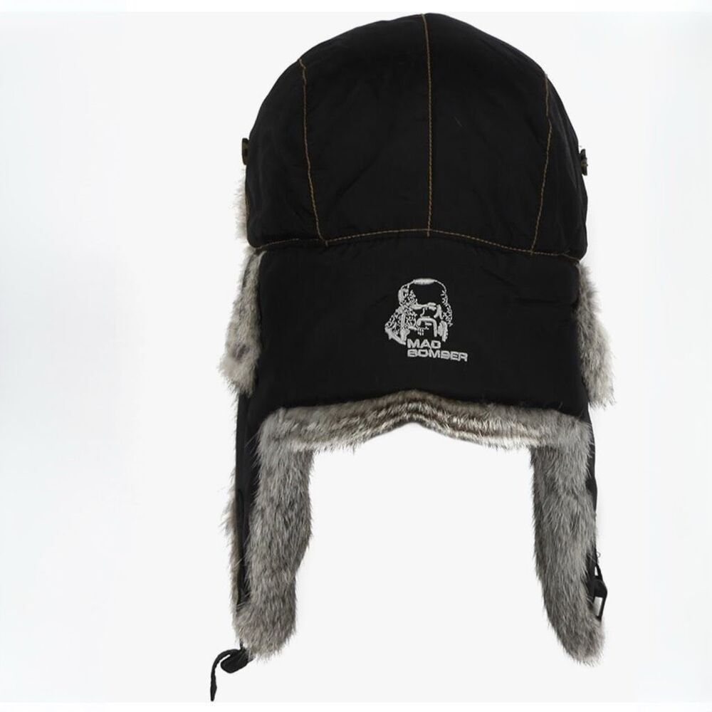 Mad Bomber Original Hat in Black with Rabbit Fur Trim Small NO BUCKLE